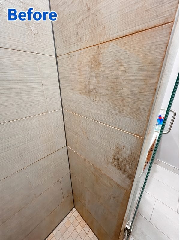 Before: Shower tile before and after a deep clean