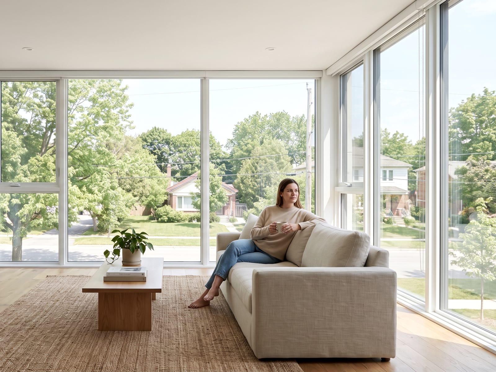 A woman with a mug on a sofa in a modern apartment with floor-to-ceiling windows